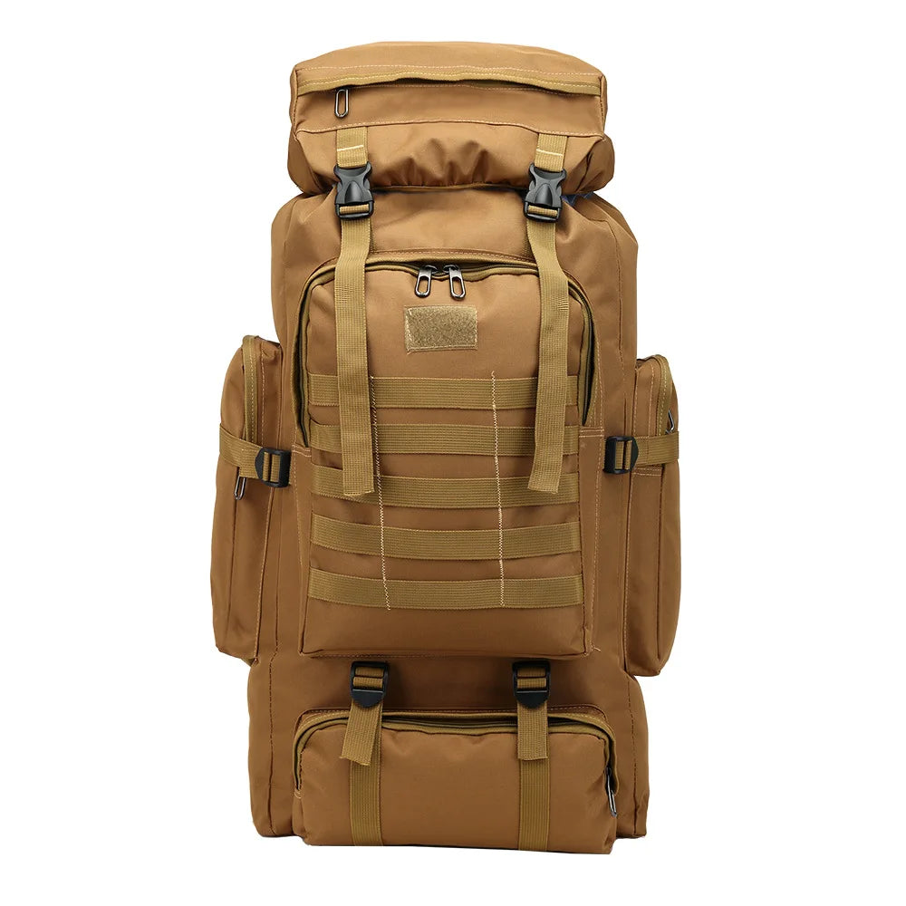 tan 80 litre tactical rucksack with molle webbing and side zip pockets