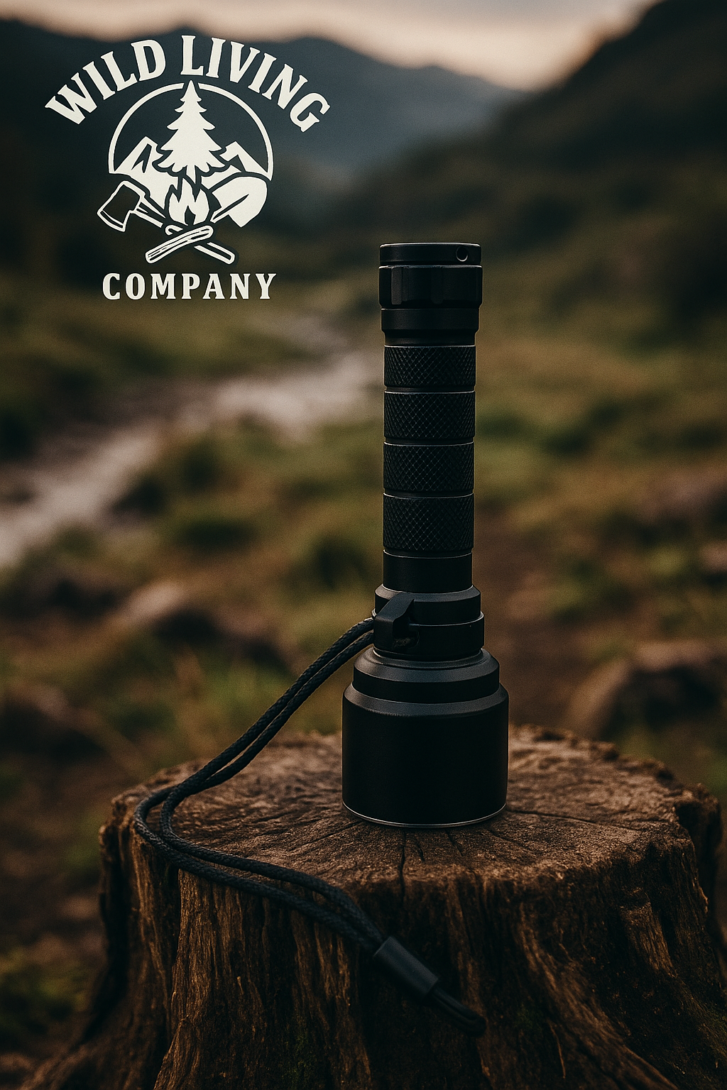 rugged black tactical torch standing upright on a mossy tree stump with wild camping background and Wild Living Company logo