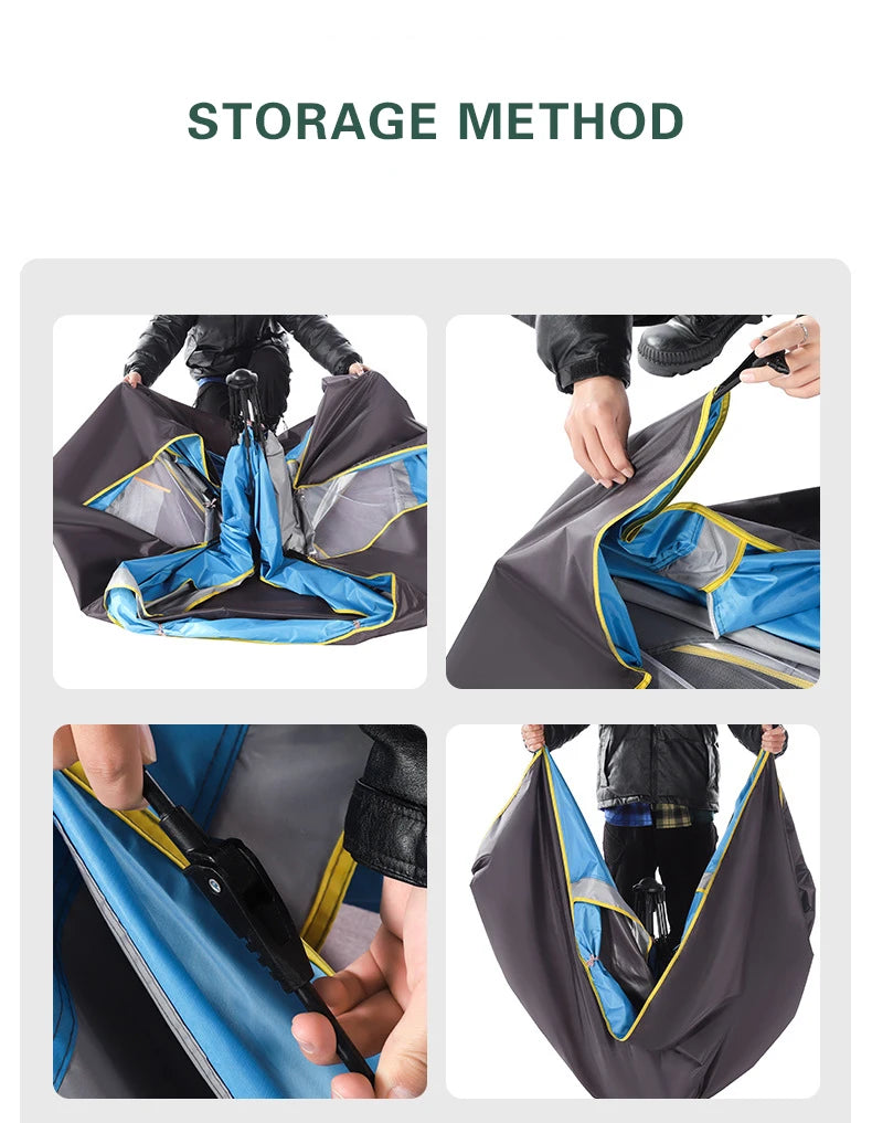 step-by-step visual guide showing how to fold and store a camping tent with zippered bag
