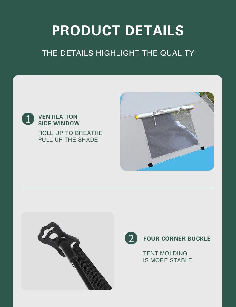 camping tent features shown with side ventilation window and durable corner buckle for stability