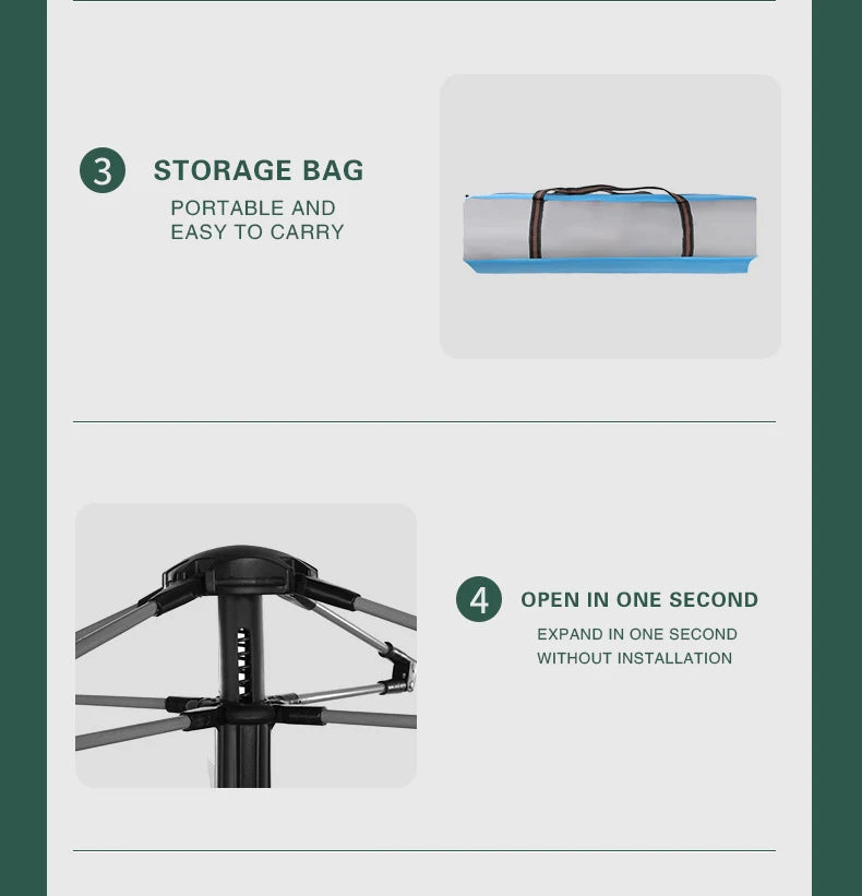 camping tent details showing carry bag with handles and fast frame system for instant setup