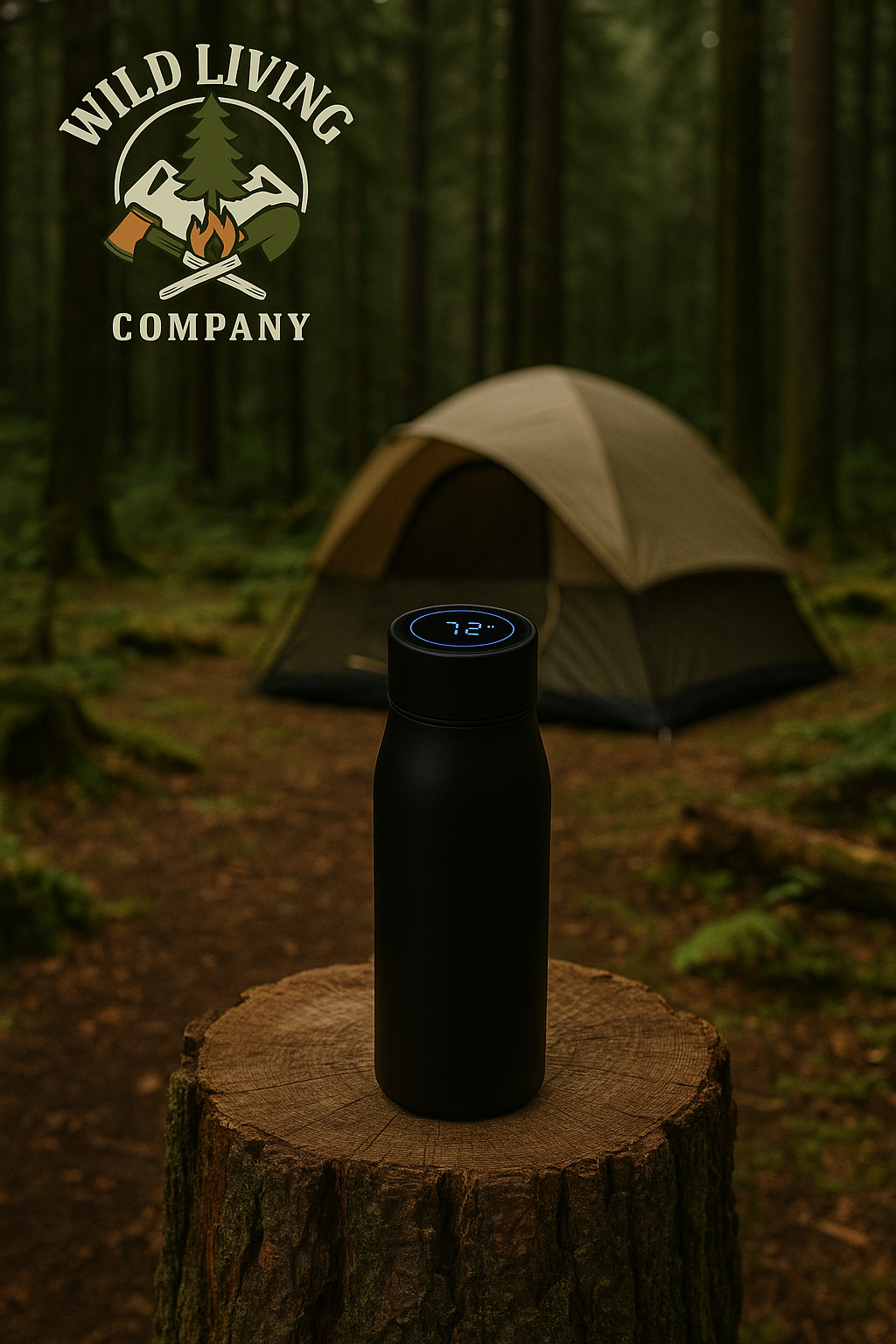 smart uv water bottle on tree stump in forest campsite with tent and wild living company logo in background