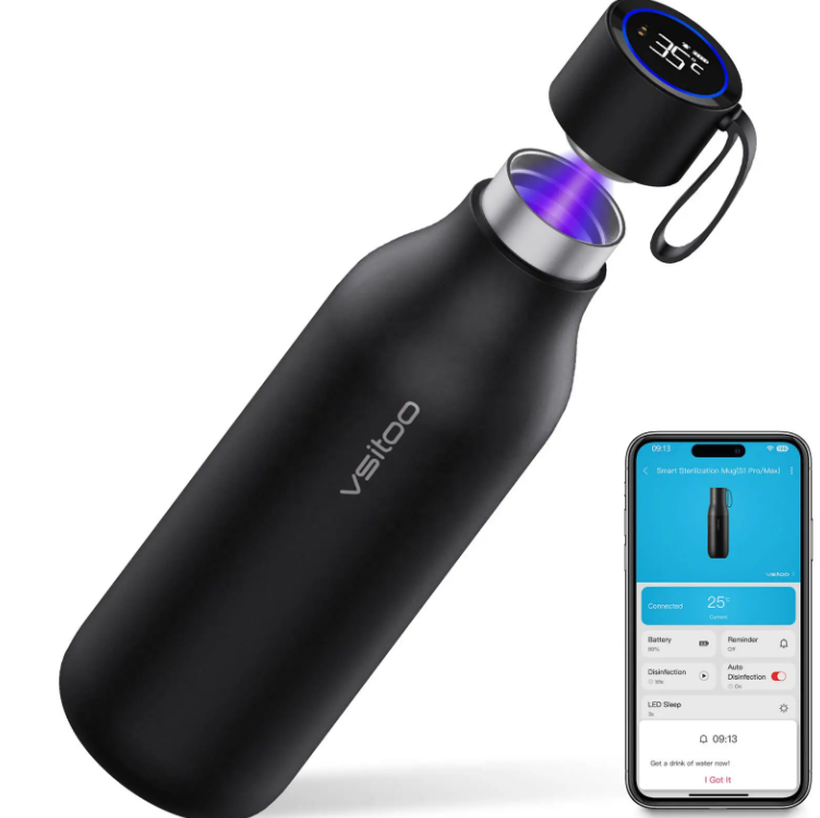 black uv self-cleaning water bottle with digital cap and smartphone app displaying disinfection and temperature settings
