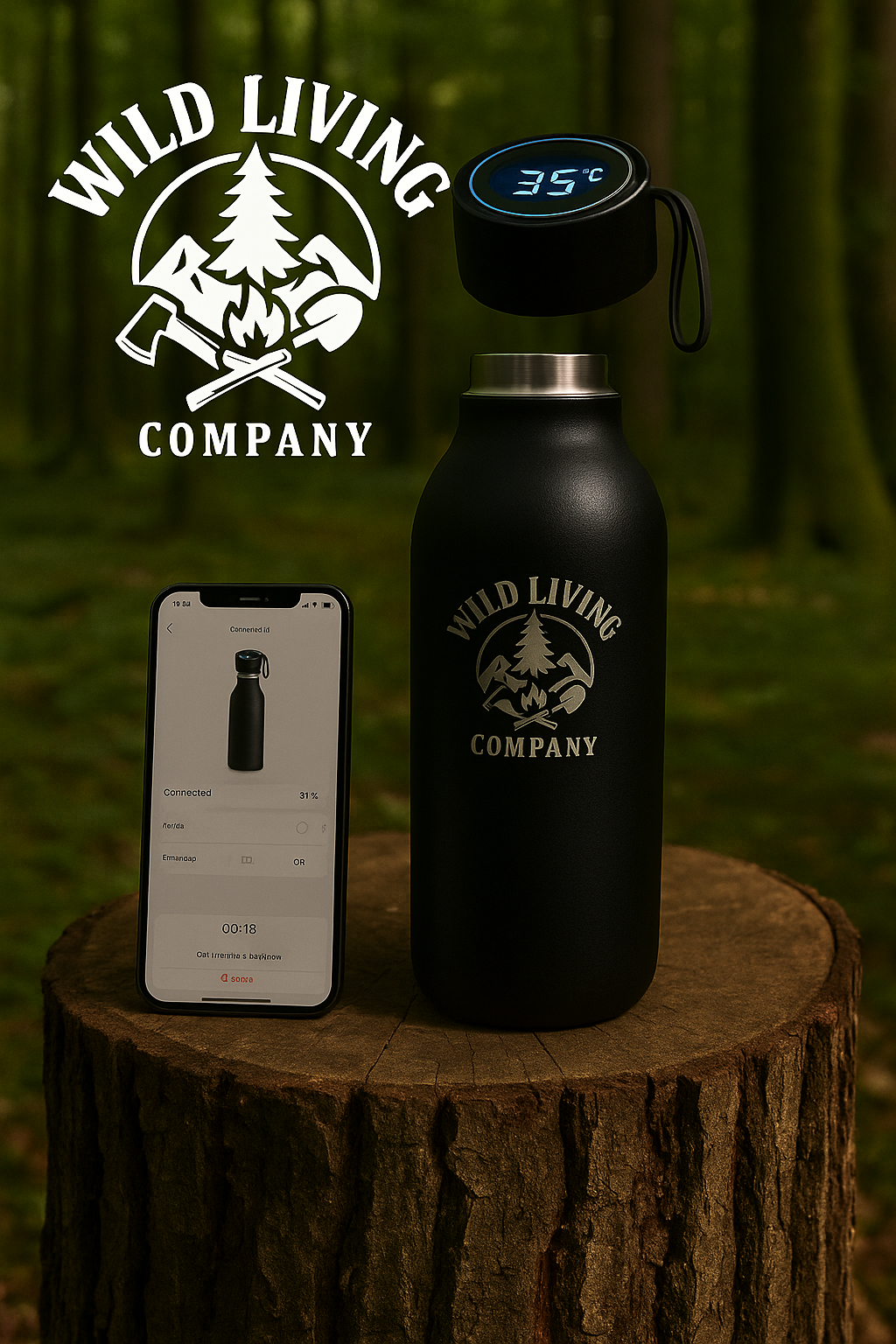 uv water filter bottle in  forest scene on a tree stump