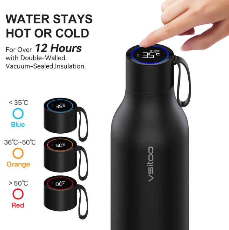 black uv self-cleaning water bottle with digital temperature display showing blue, orange, and red indicators for hot and cold water