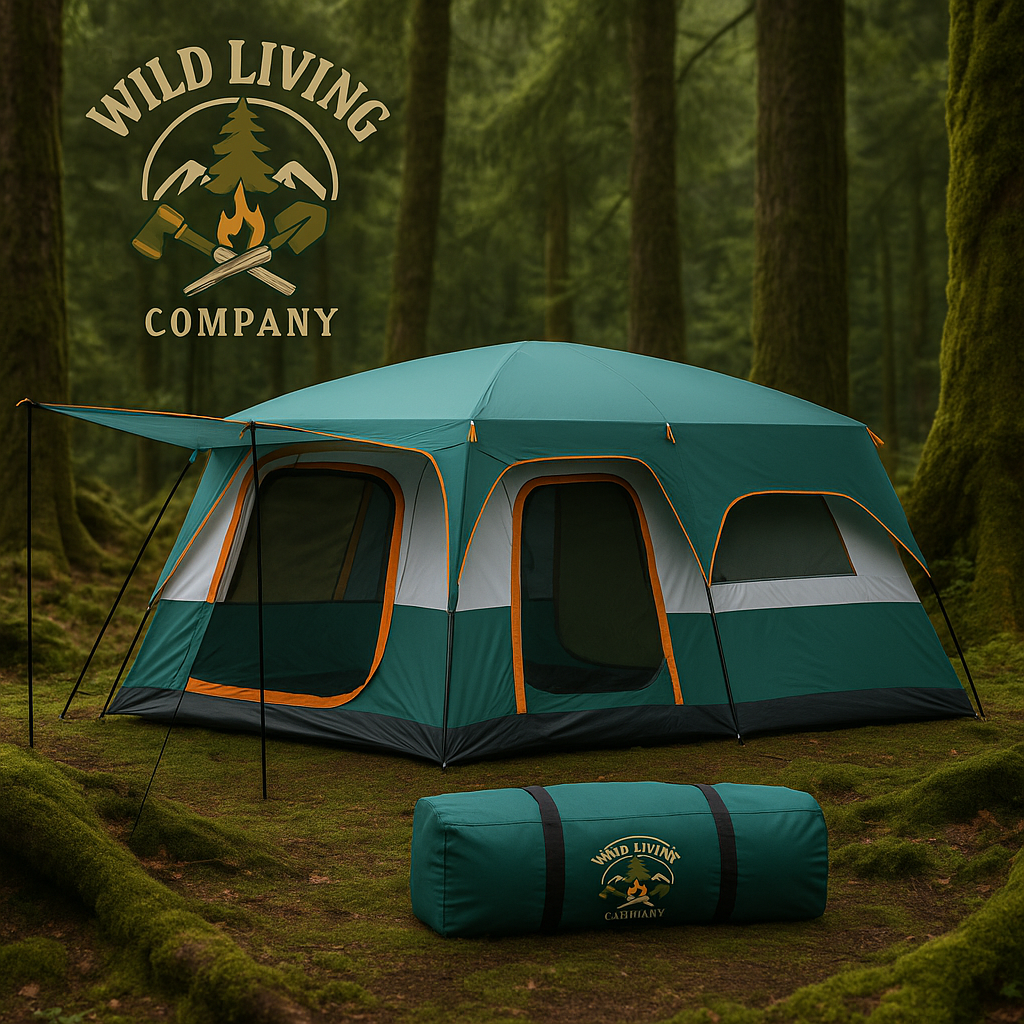 4 - 6 person cabin tent set up in mossy forest with Wild Living Company logo and carry bag in foreground