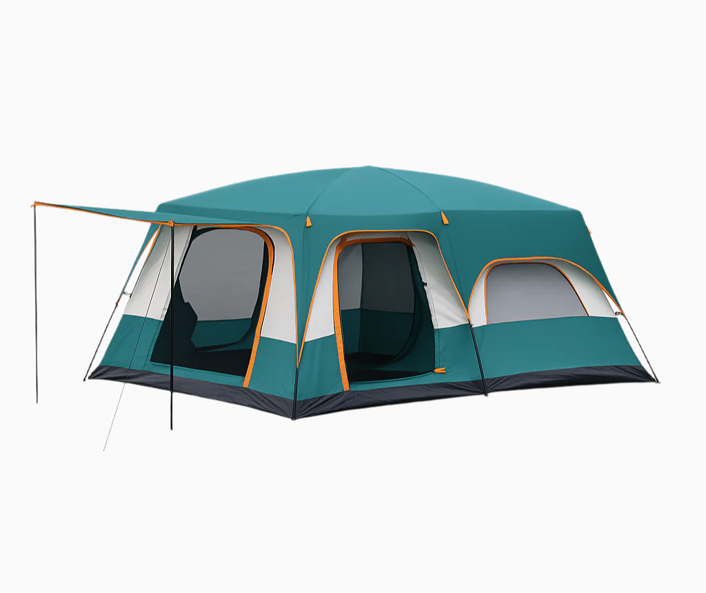 spacious 4 to 6 person camping tent in green and grey with orange detailing and canopy, displayed on white background with Wild Living Company logo