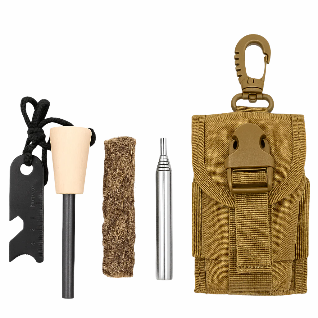 Bushcraft fire starter kit with ferro rod, natural tinder, metal bellows, striker tool, and tan MOLLE pouch on white background