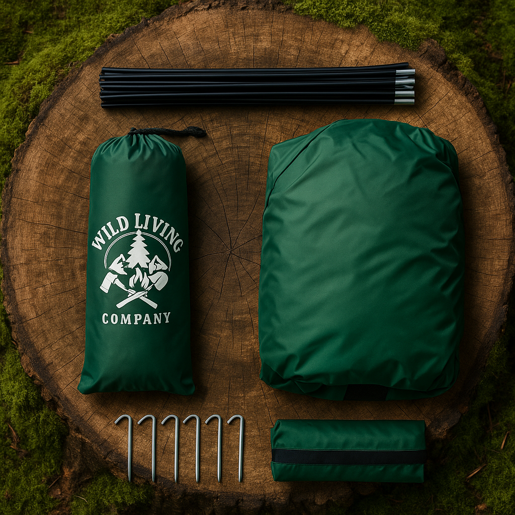 Complete Wild Living cabin tent kit laid out on a log slice, including tent bag, poles, stakes, and carry pouch