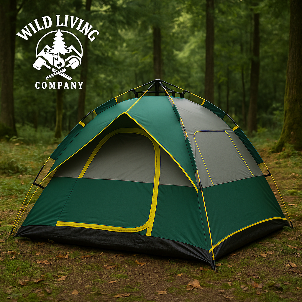 green and grey dome tent pitched in a forest with wild living company logo top left