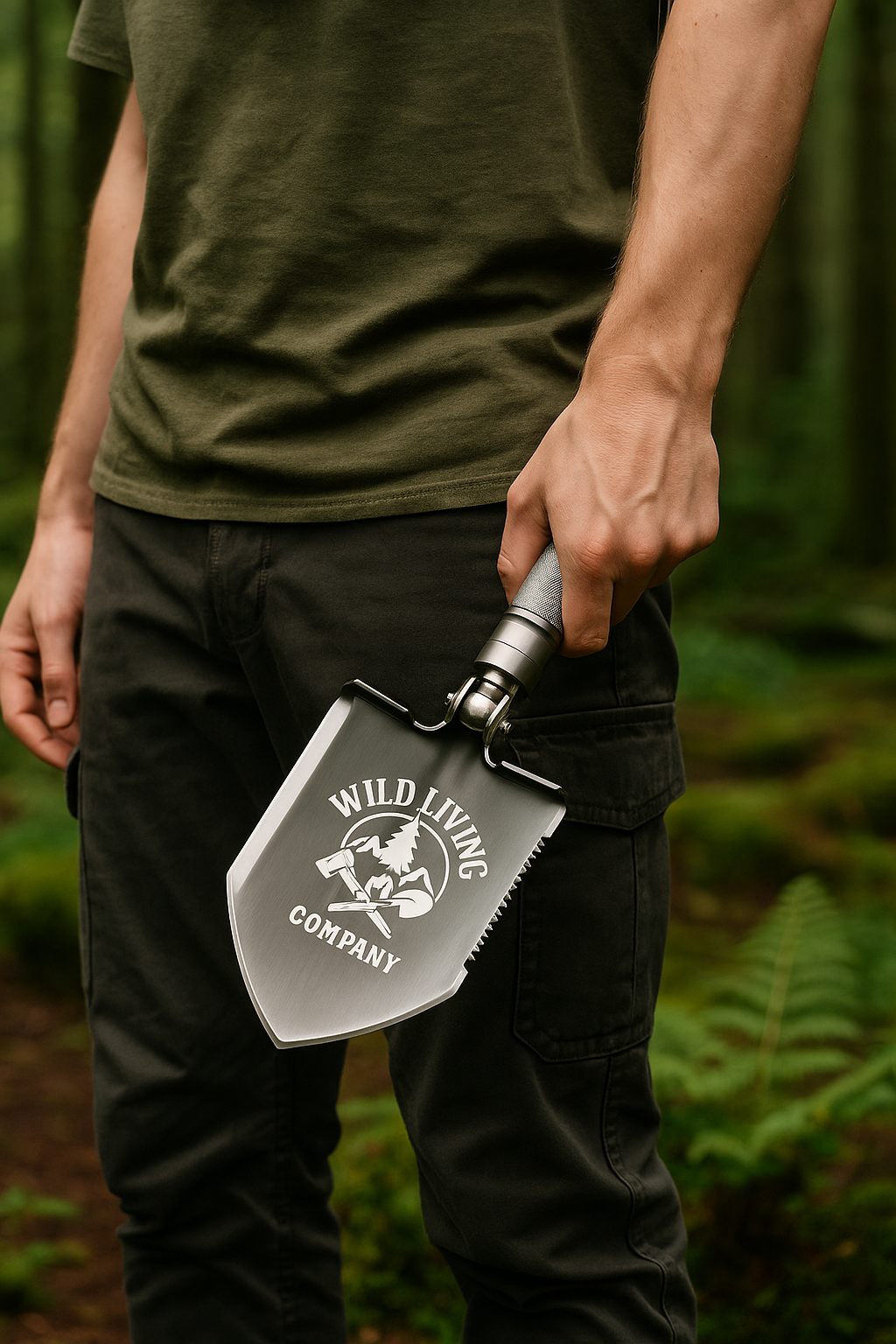 Man holding engraved Wild Living Company multi-tool shovel in forest