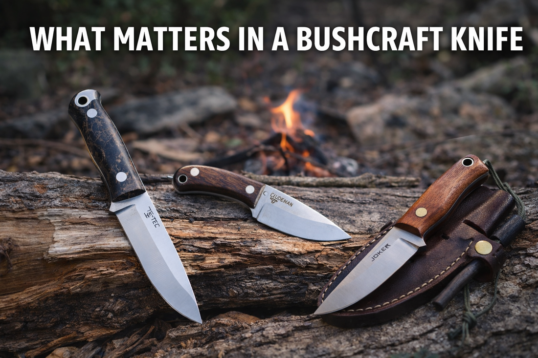 Three bushcraft knives laid on a fallen log in a forest setting, showing different blade sizes and handle materials used for outdoor camp tasks