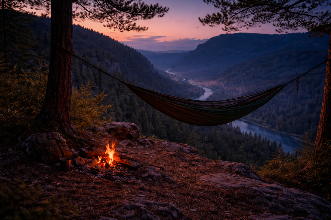 Hammock camping setup at dusk between two trees on a cliff overlooking a valley, representing sleeping outdoors in nature