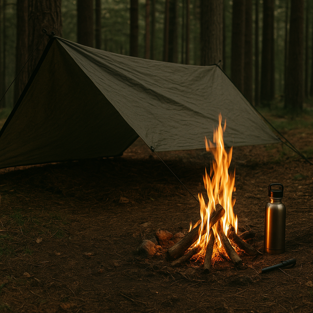 survival shelter tarp fire and water setup in forest
