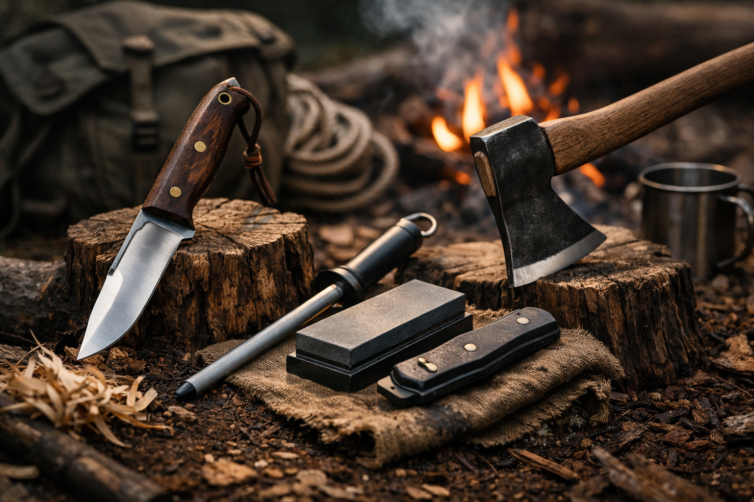 bushcraft knife and axe with sharpening stones on forest floor, illustrating the importance of keeping blades sharp for outdoor safety
