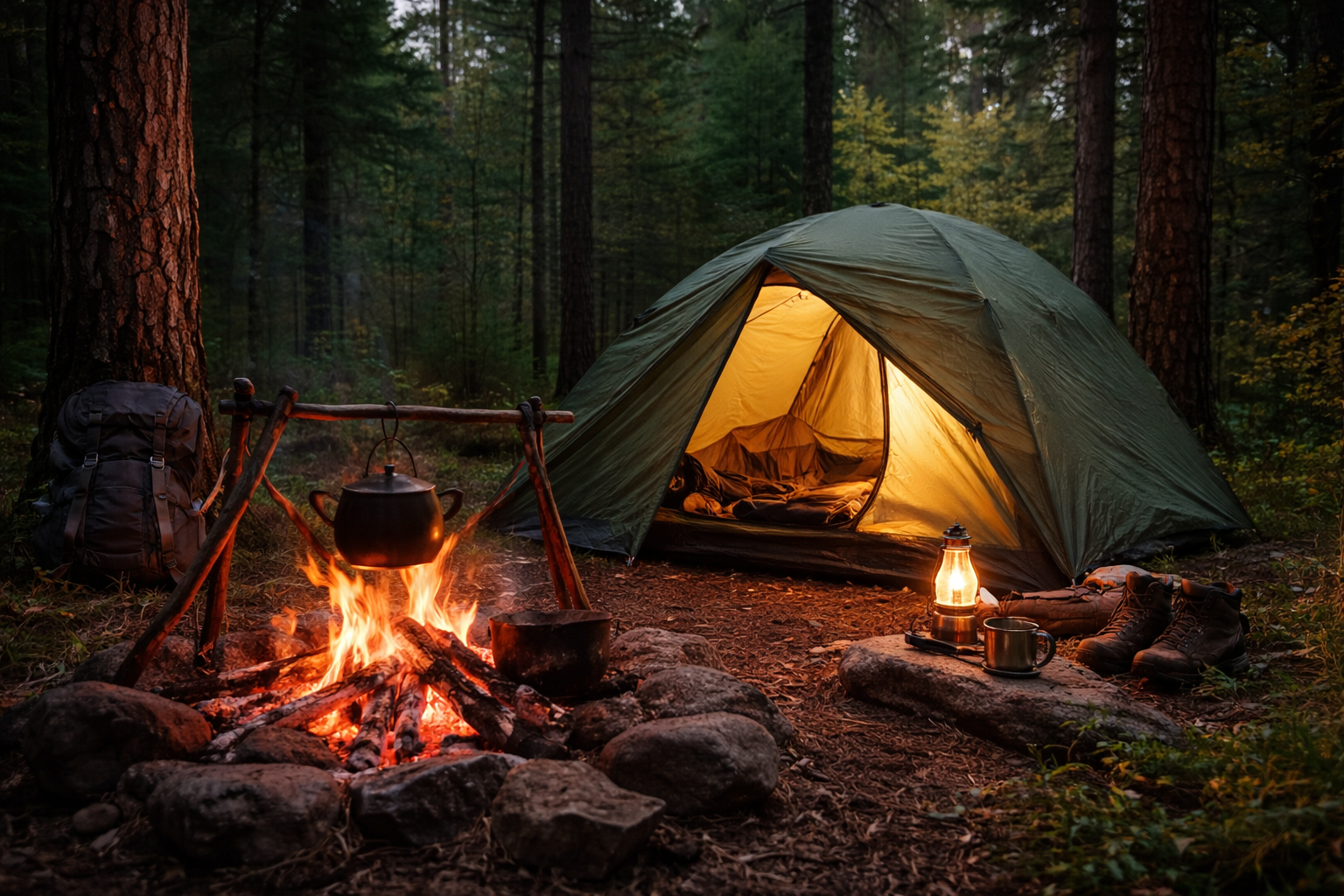 wild camping setup in forest with tent fire and cooking gear in europe