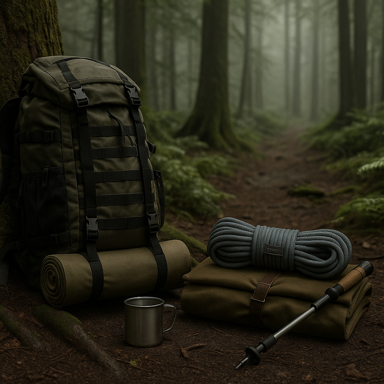 rugged bushcraft backpack and carry gear laid out at forest campsite