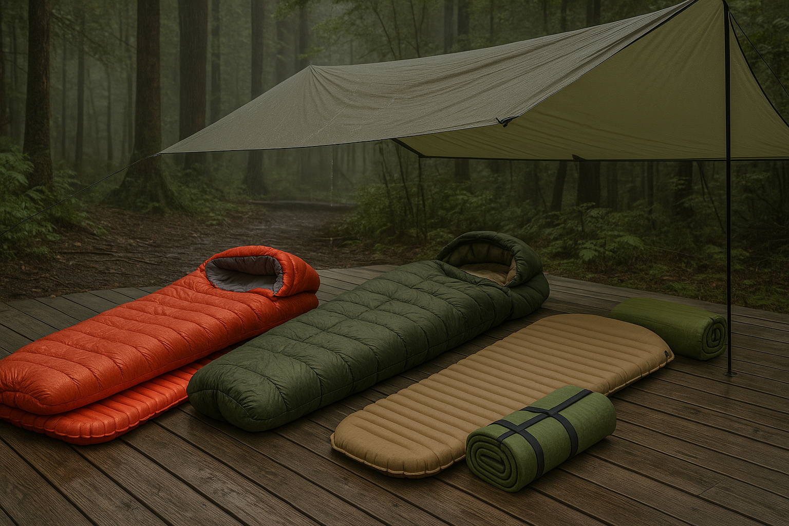 sleeping bag and roll mat setup for wild camping in forest clearing