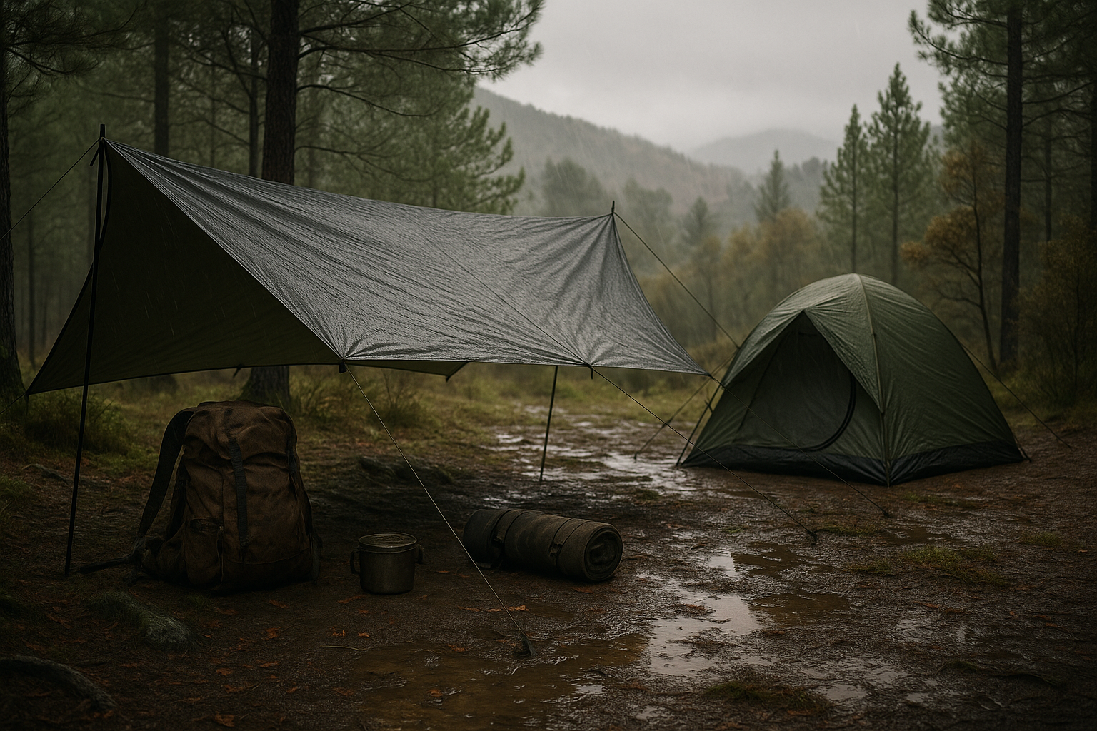 tents and tarps set up in a rainy pine forest for wild camping