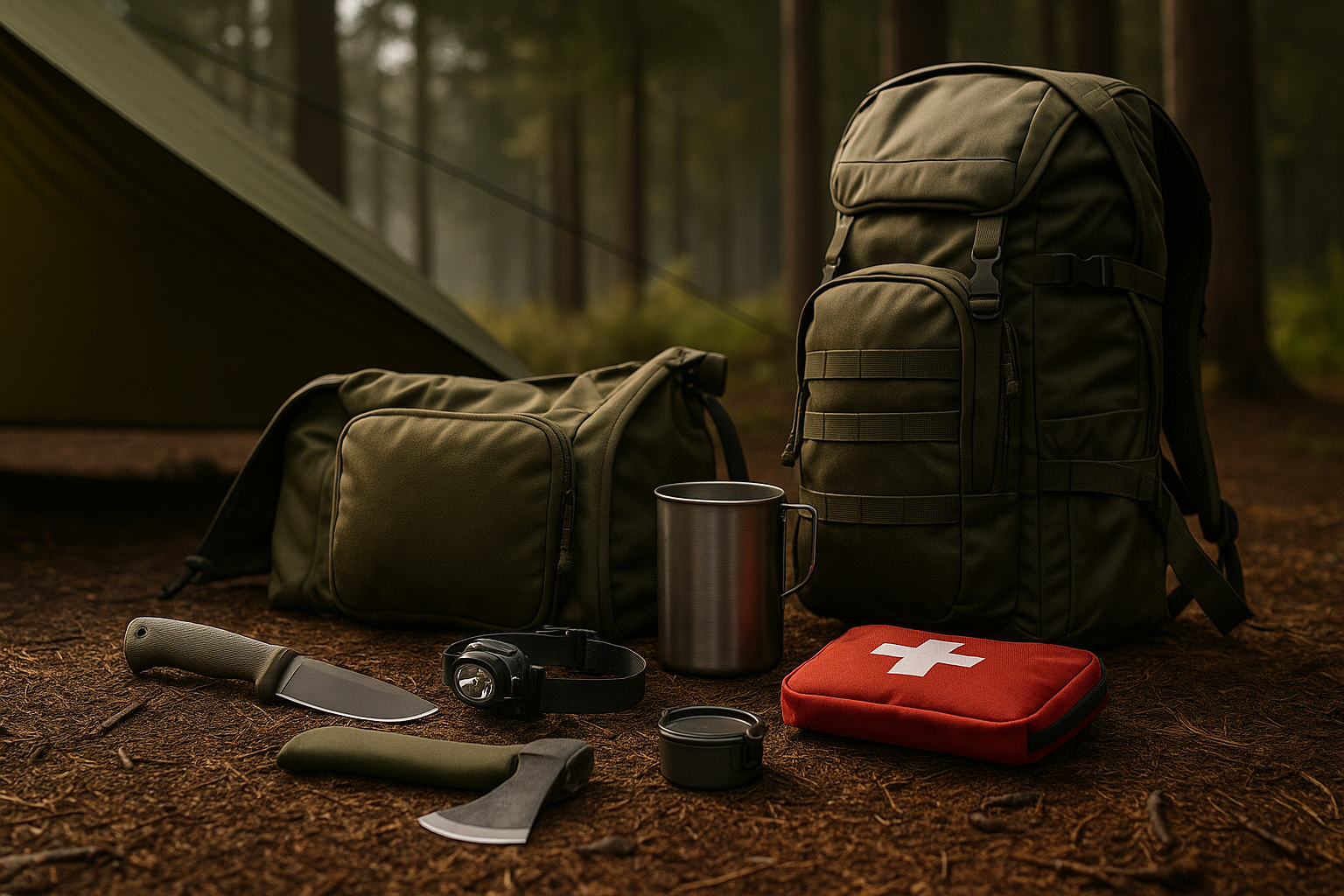wild camping best selling gear laid out at campsite including shelter knife and backpack