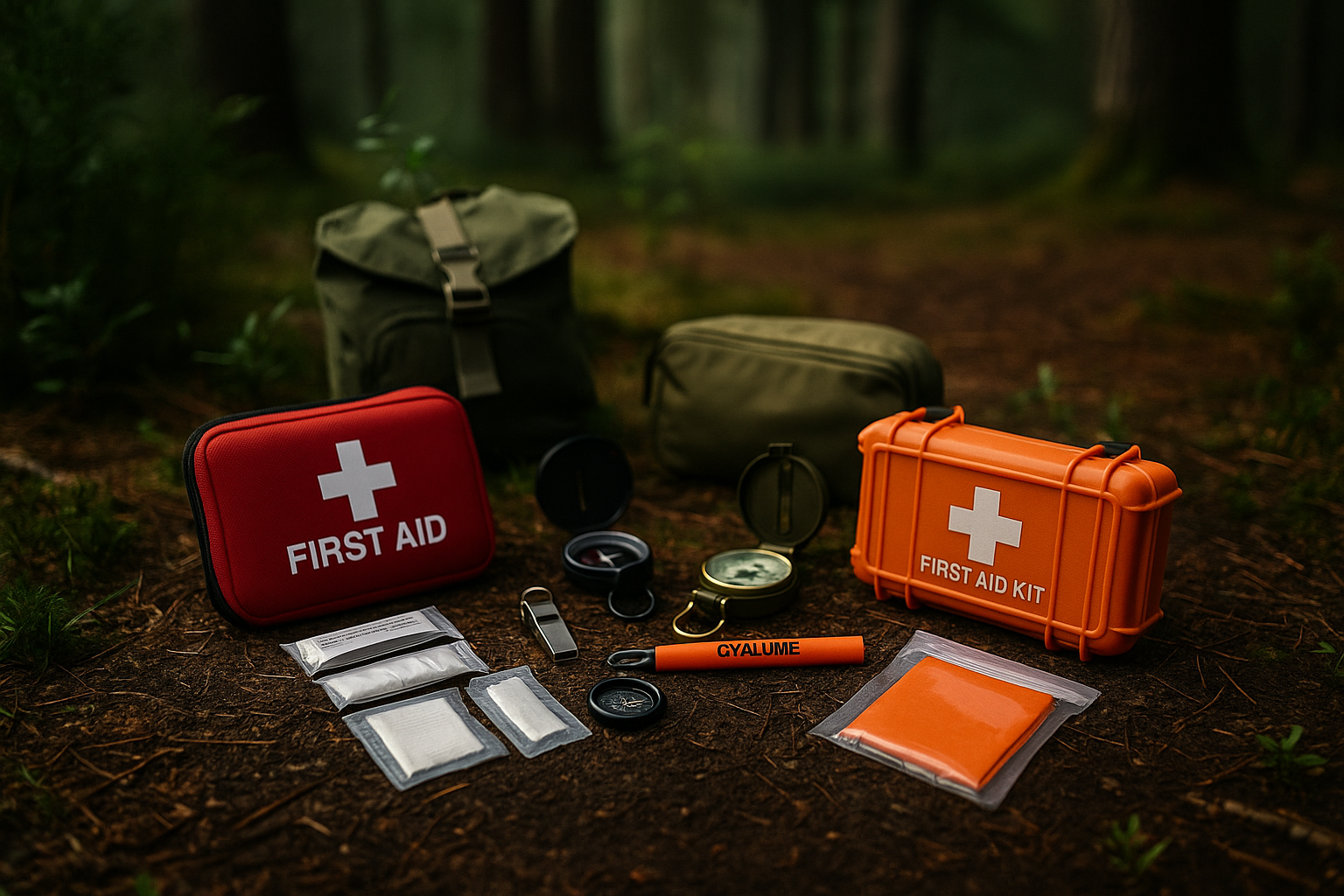 first aid kits and survival safety tools laid out at a forest campsite