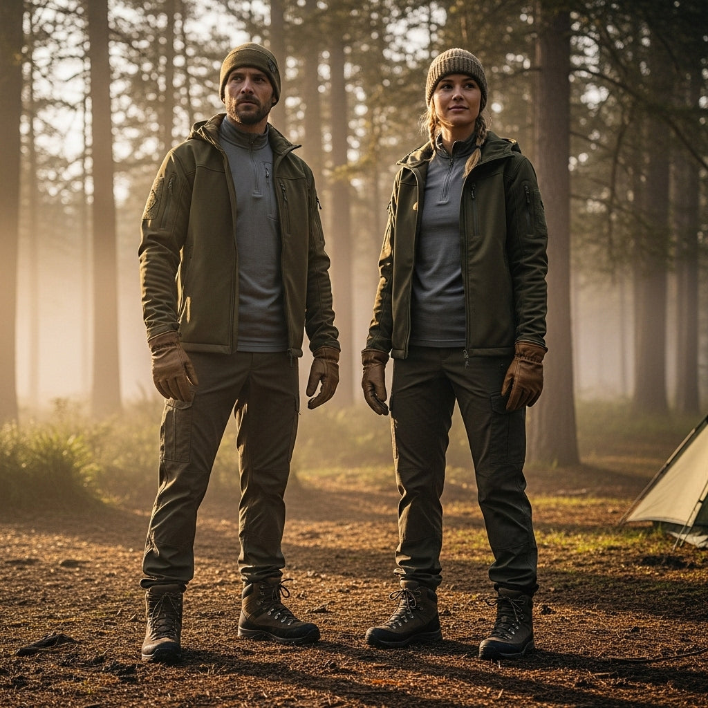 outdoor clothing and gloves worn by campers in a forest at sunrise