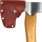 Axes with wooden handles and leather sheaths on a white background