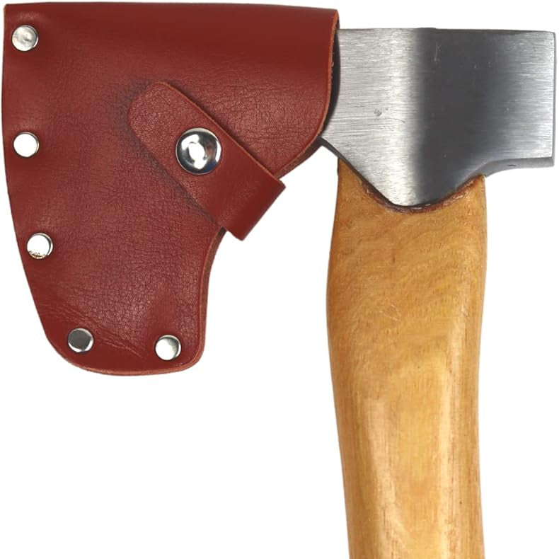 Axes with wooden handles and leather sheaths on a white background