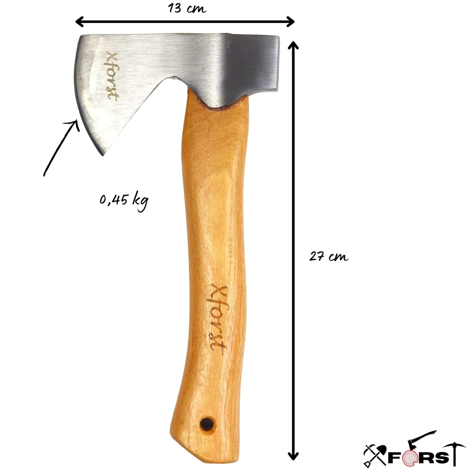 Wooden-handled axe with measurements on a white background