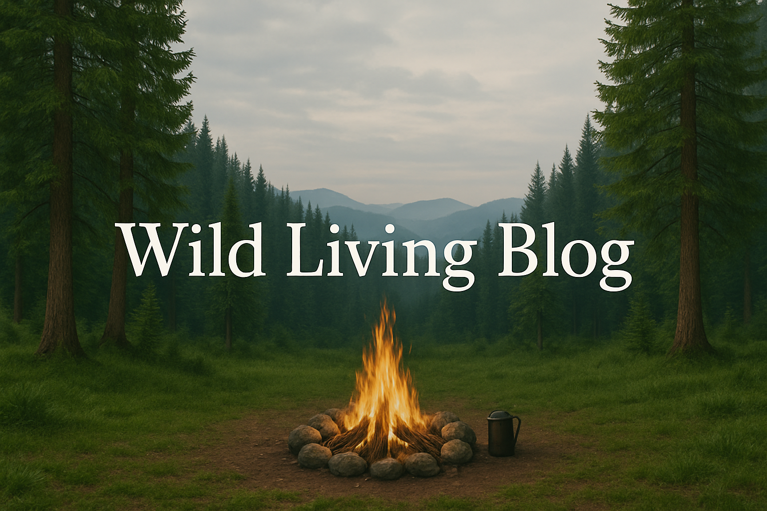 Campfire in a forest with 'Wild Living Blog' text overlay