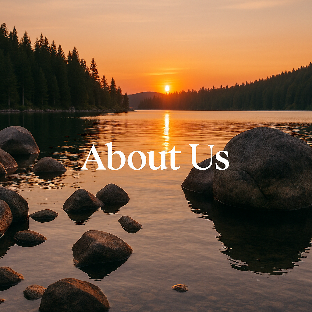 Sunset over a lake with trees and rocks, featuring the text 'About Us'.