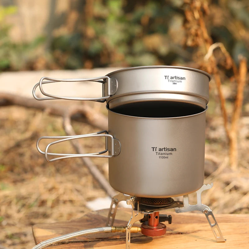 Tiartisan Titanium Folding Handle Camping Pot Frying Pan Set