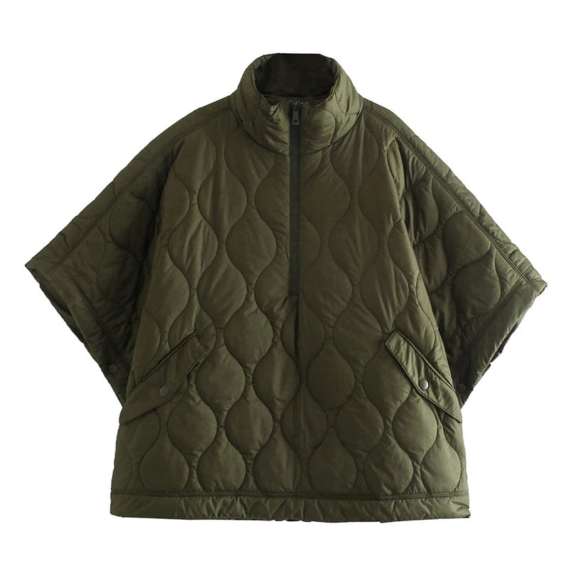 Women’s Quilted Camping Cape Jacket – Insulated Outdoor Shawl Coat