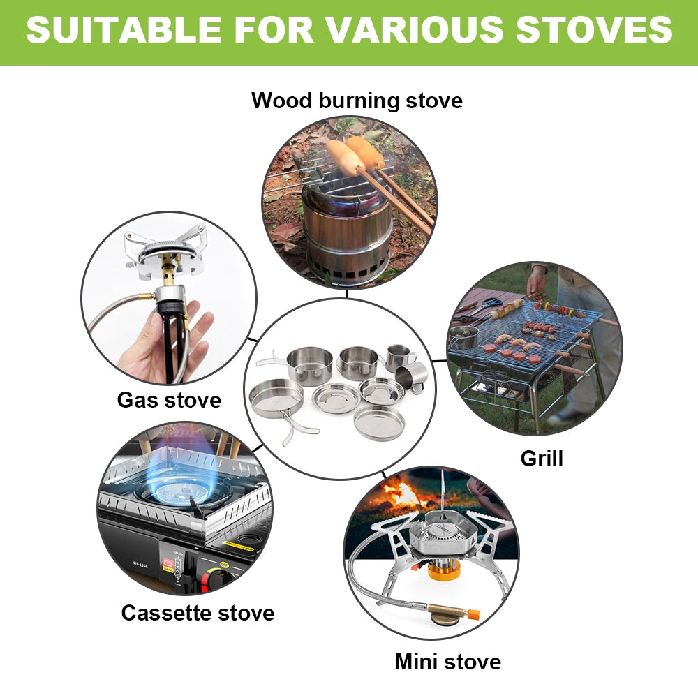 8-Piece Stainless Steel Camping Cookware Set – Pots, Pans & Plates