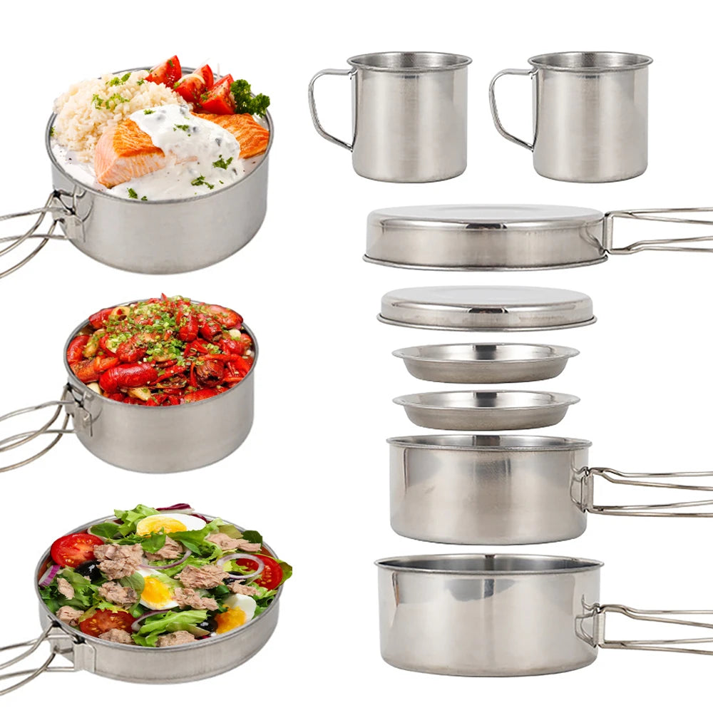 8-Piece Stainless Steel Camping Cookware Set – Pots, Pans & Plates