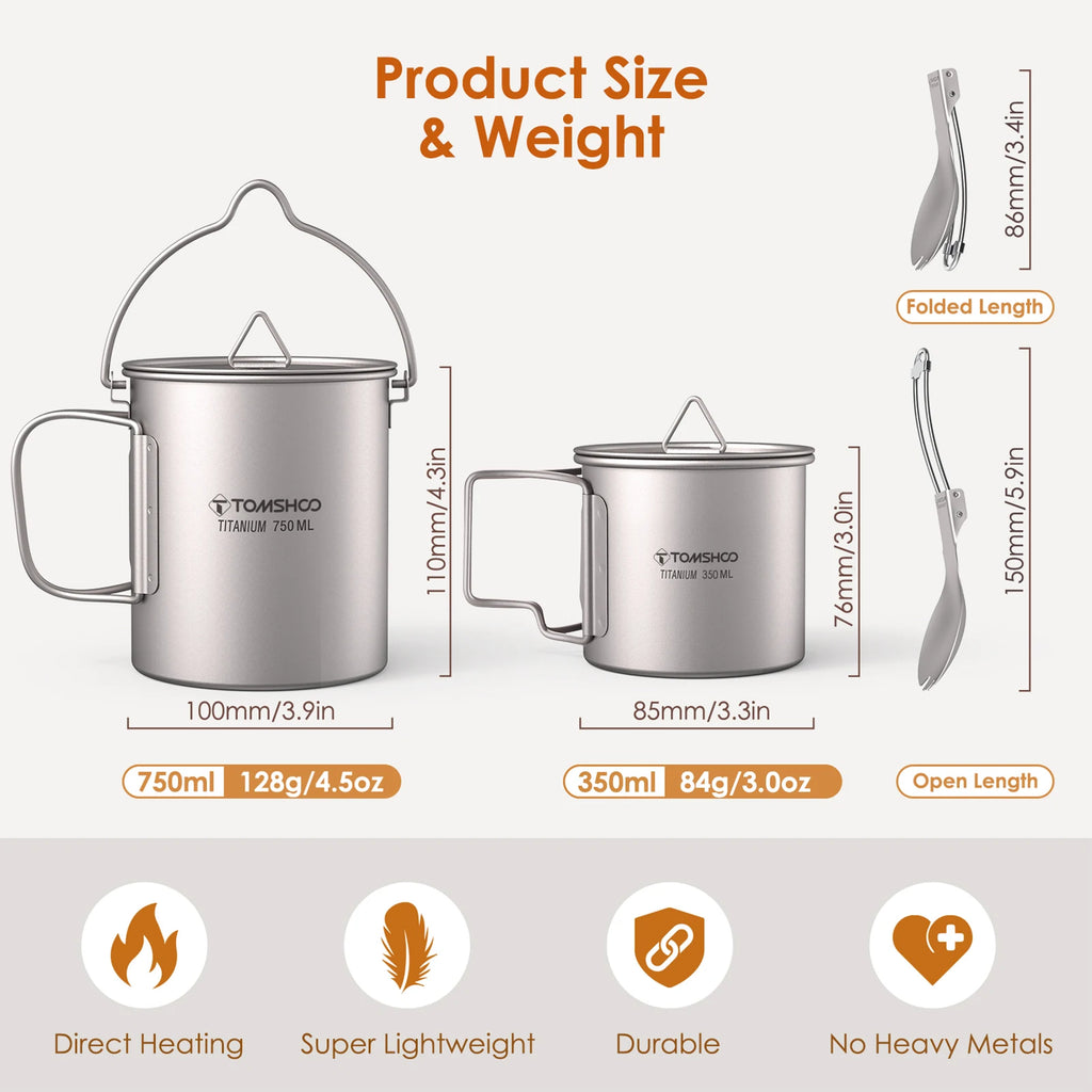 Ultralight 3-Piece Titanium Cookware Set – 750ml Pot, 450ml Cup & Folding Spork