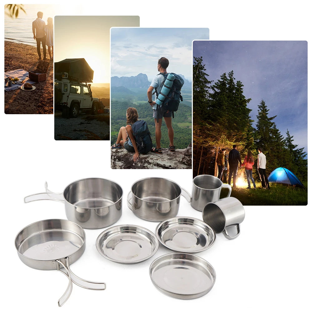 8-Piece Stainless Steel Camping Cookware Set – Pots, Pans & Plates