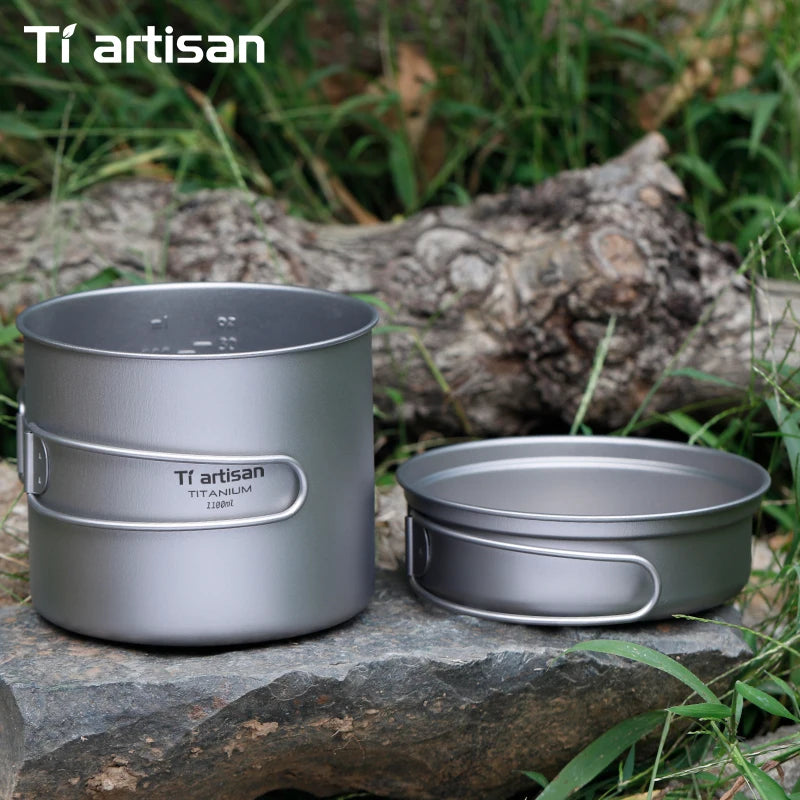 Tiartisan Titanium Folding Handle Camping Pot Frying Pan Set