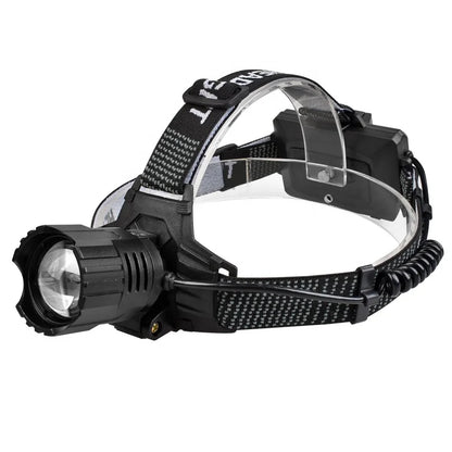 side view of adjustable headlamp with zoom lens and rear battery pack