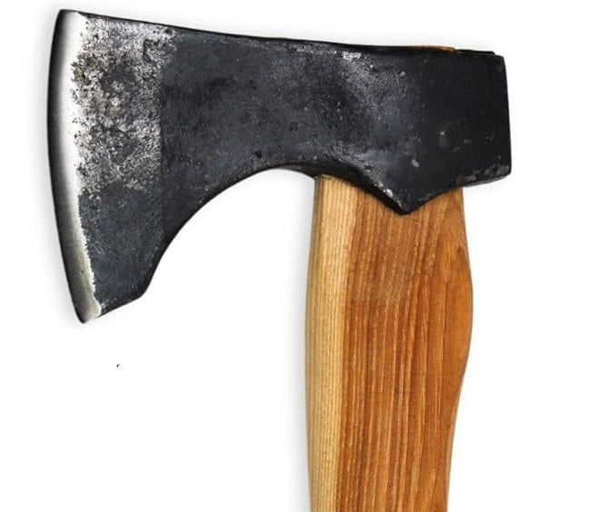 Wooden-handled axe with a sheath on a white background