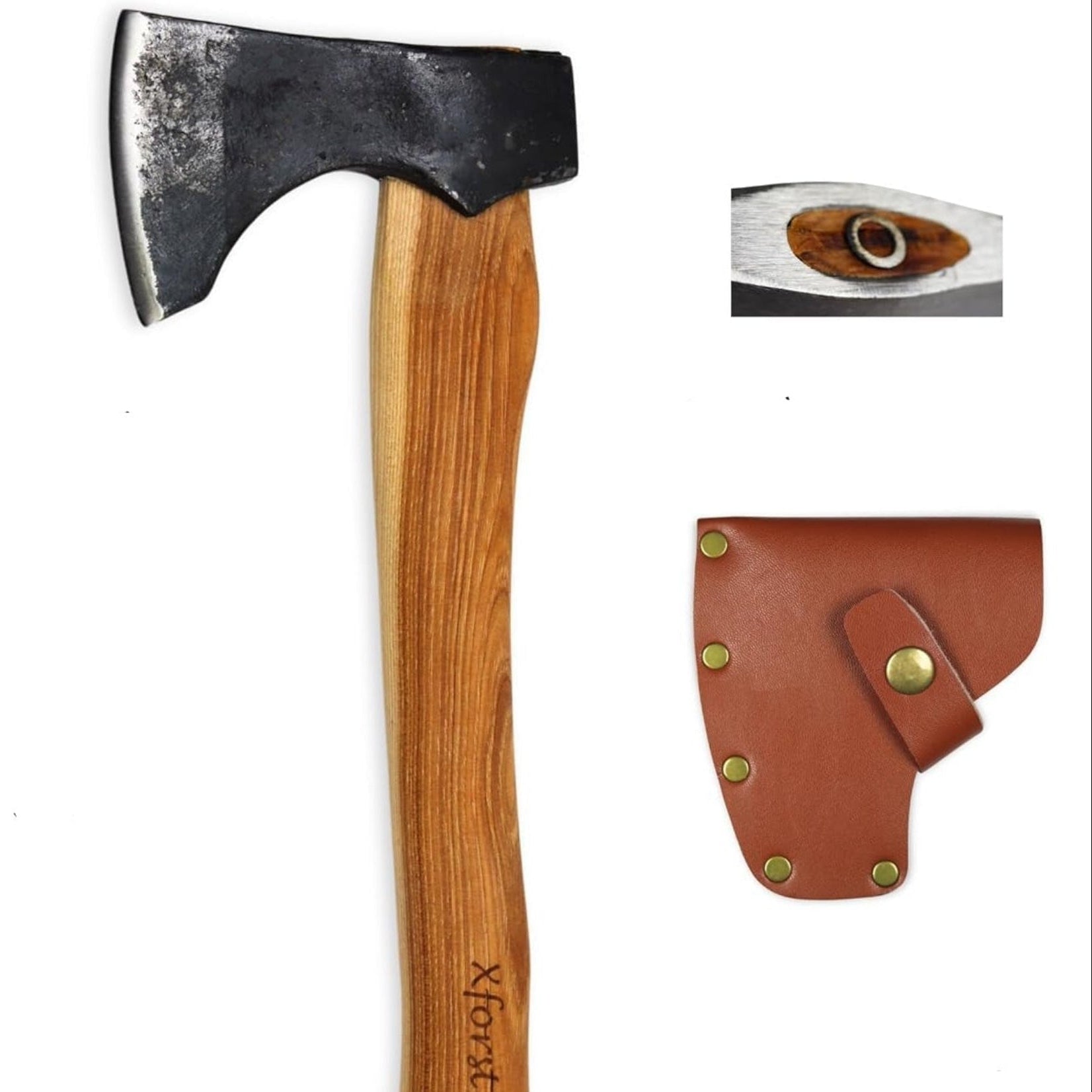 Wooden-handled axe with leather sheath on a white background