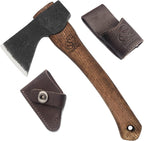 BeaverCraft AX1 bushcraft axe with wooden handle and leather sheath

