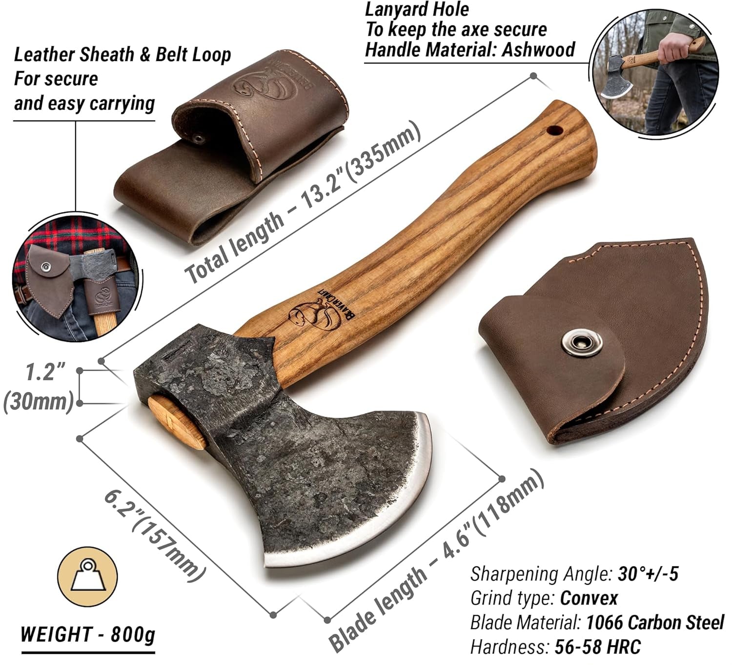 BeaverCraft AX3 bushcraft axe set showing forged steel head, ash handle, and sheath
