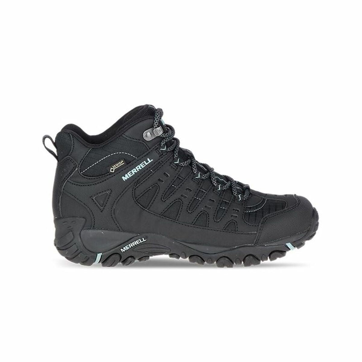 side view of black hiking boots showing reinforced toe cap, lace-up system, and padded ankle support
