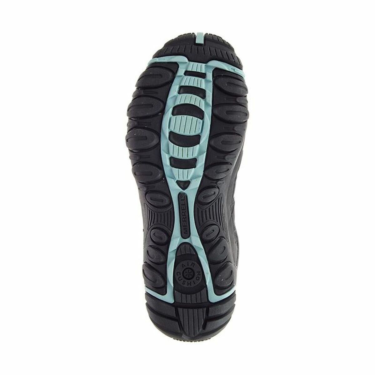 bottom view of black hiking boots showing multi-grip turquoise tread for traction
