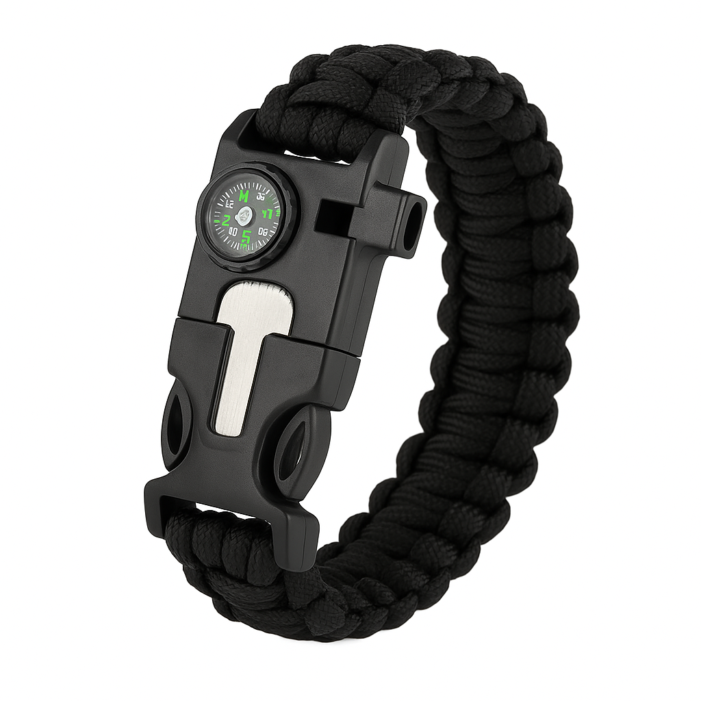 black paracord survival bracelet with compass, whistle, fire starter, and emergency scraper