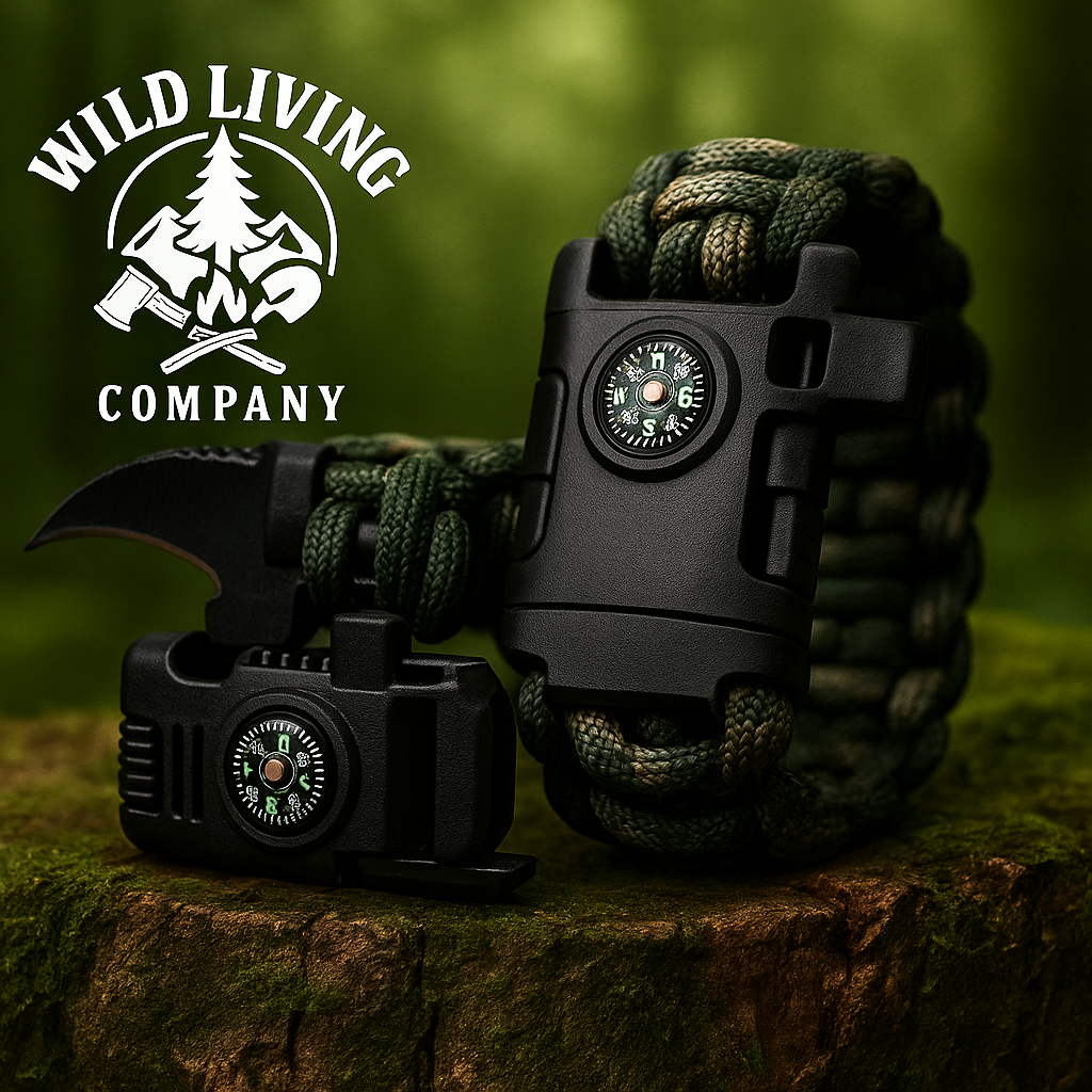 camo paracord survival bracelet with compass and knife displayed on mossy log with Wild Living Company logo