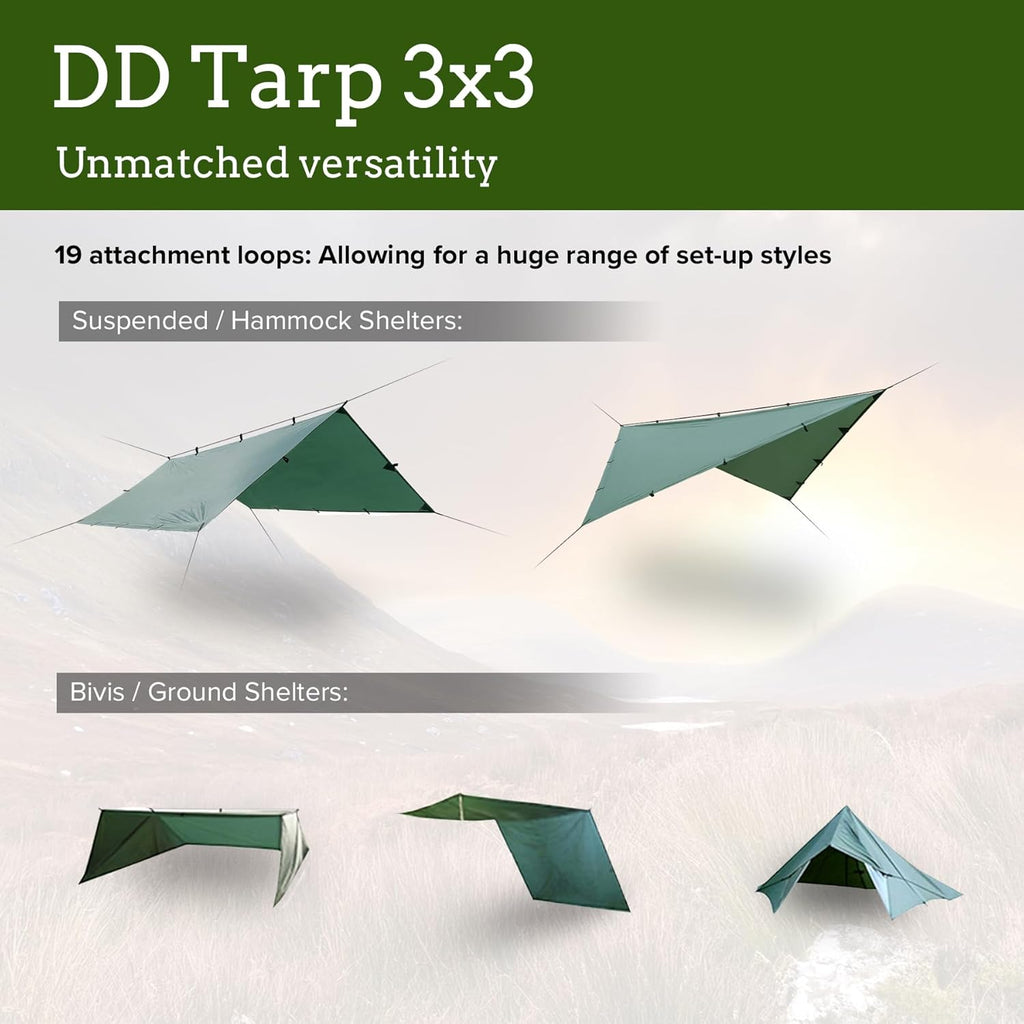 DD Hammocks Tarp 3x3 reinforced attachment points and guy line setup detail