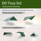 DD Hammocks Tarp 3x3 reinforced attachment points and guy line setup detail