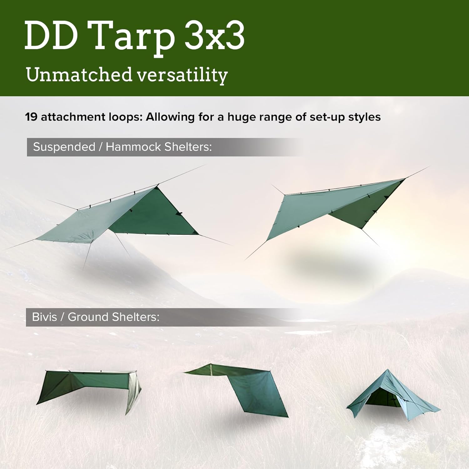 DD Hammocks Tarp 3x3 reinforced attachment points and guy line setup detail